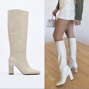 ZARA Cream Knee-High Heeled Boots